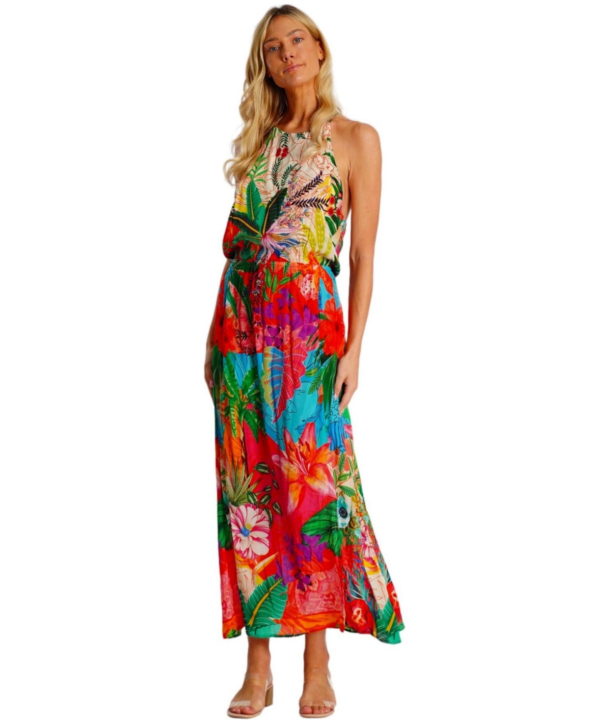 La Moda Clothing Women's Maxi Dress, Halter Neck & Crossed Back Straps, Cinched Waist with Side Slits