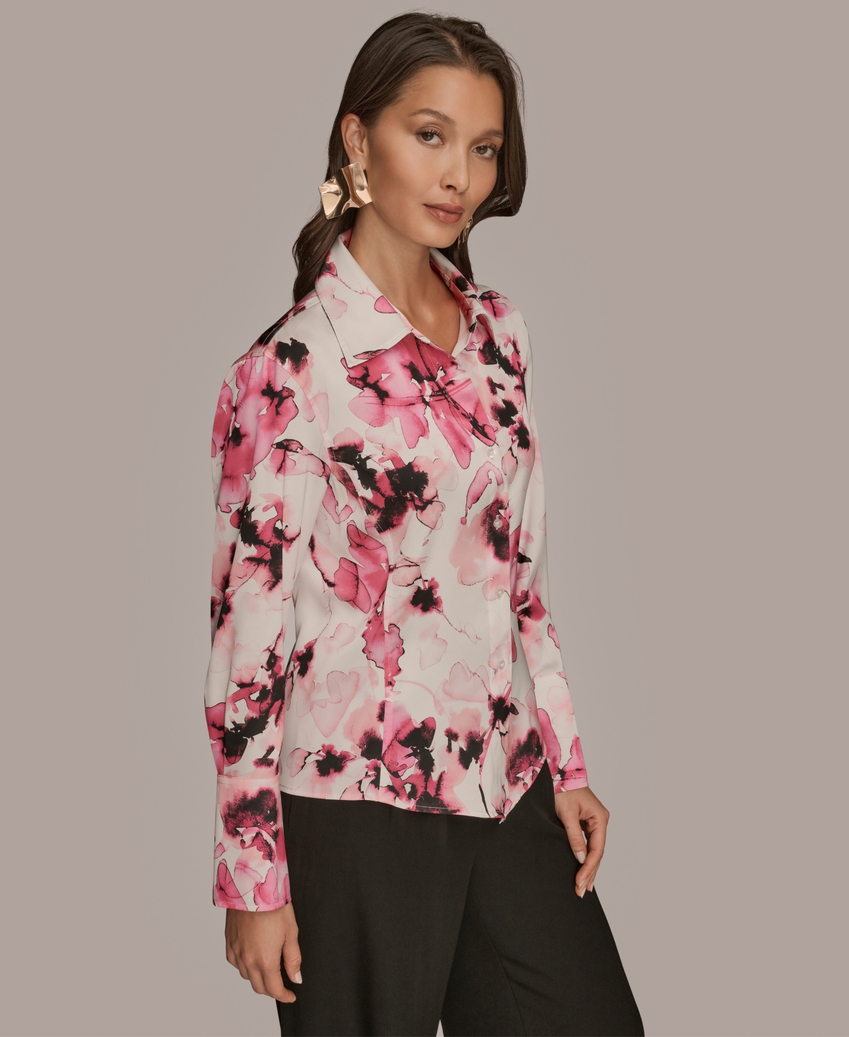 Donna Karan New York Women's Floral Print Long Sleeve Top