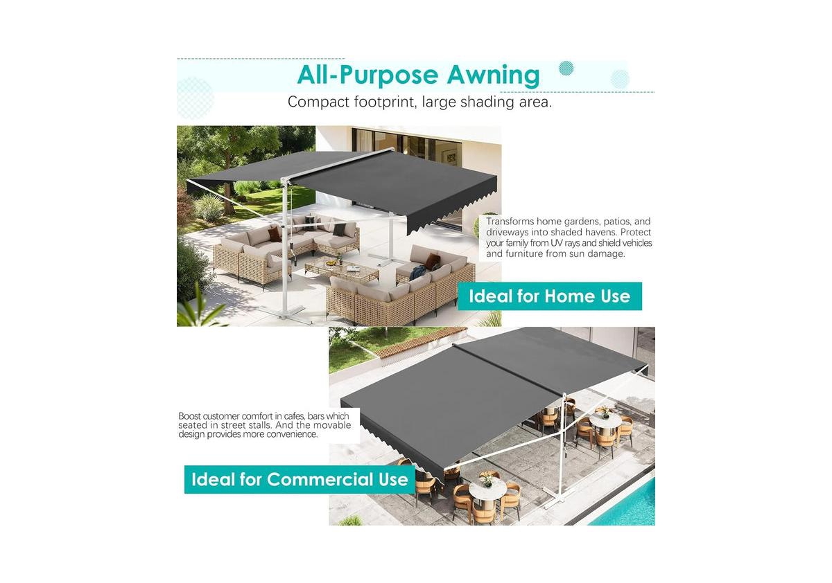 Aecojoy Free Standing Retractable Awning, 10'x10' Dual Side Patio Awnings Outdoor Manual Sun Shade Shelte