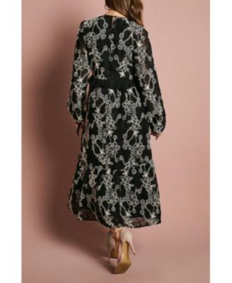 Women's Long Sleeve Broderie Floral Midaxi Dress