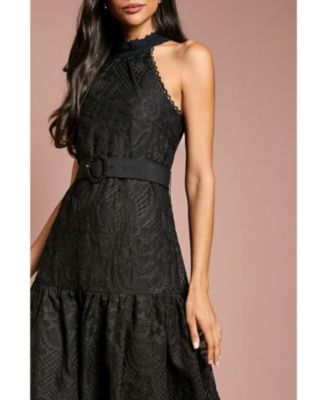 Women's Lace Organza Belted Halter Midi Dress