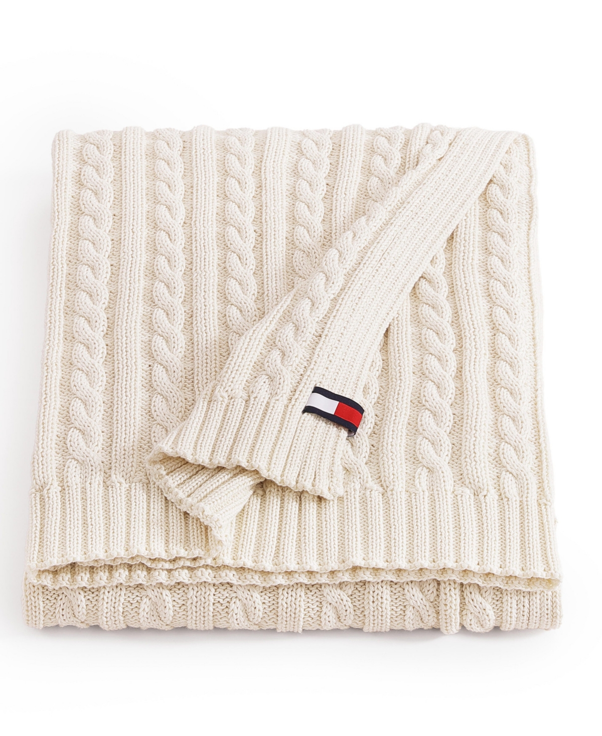 Tommy Hilfiger Solid Cotton Cable Knit Throw Blanket, 70" X 50" In Neutral