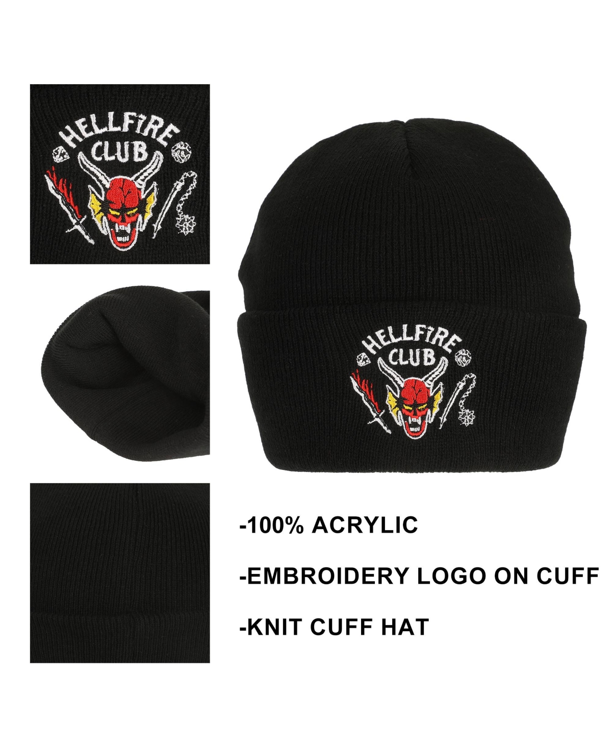 Stranger Things Men's Hellfire Club Embroidery On Black Acrylic Knit Cuff Beanie