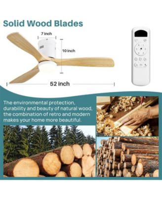 52-inch Modern White 3 Solid Wood Blades Flush Mount Tri color Adjustable Ceiling Fan Light with Remote Control and Forward Reverse Rotation Function