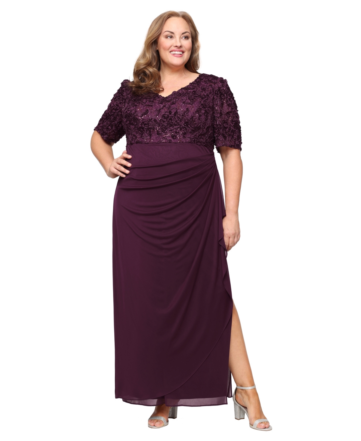 Alex Evenings Plus Size Soutache Embellished Short-sleeve Gown In Purple