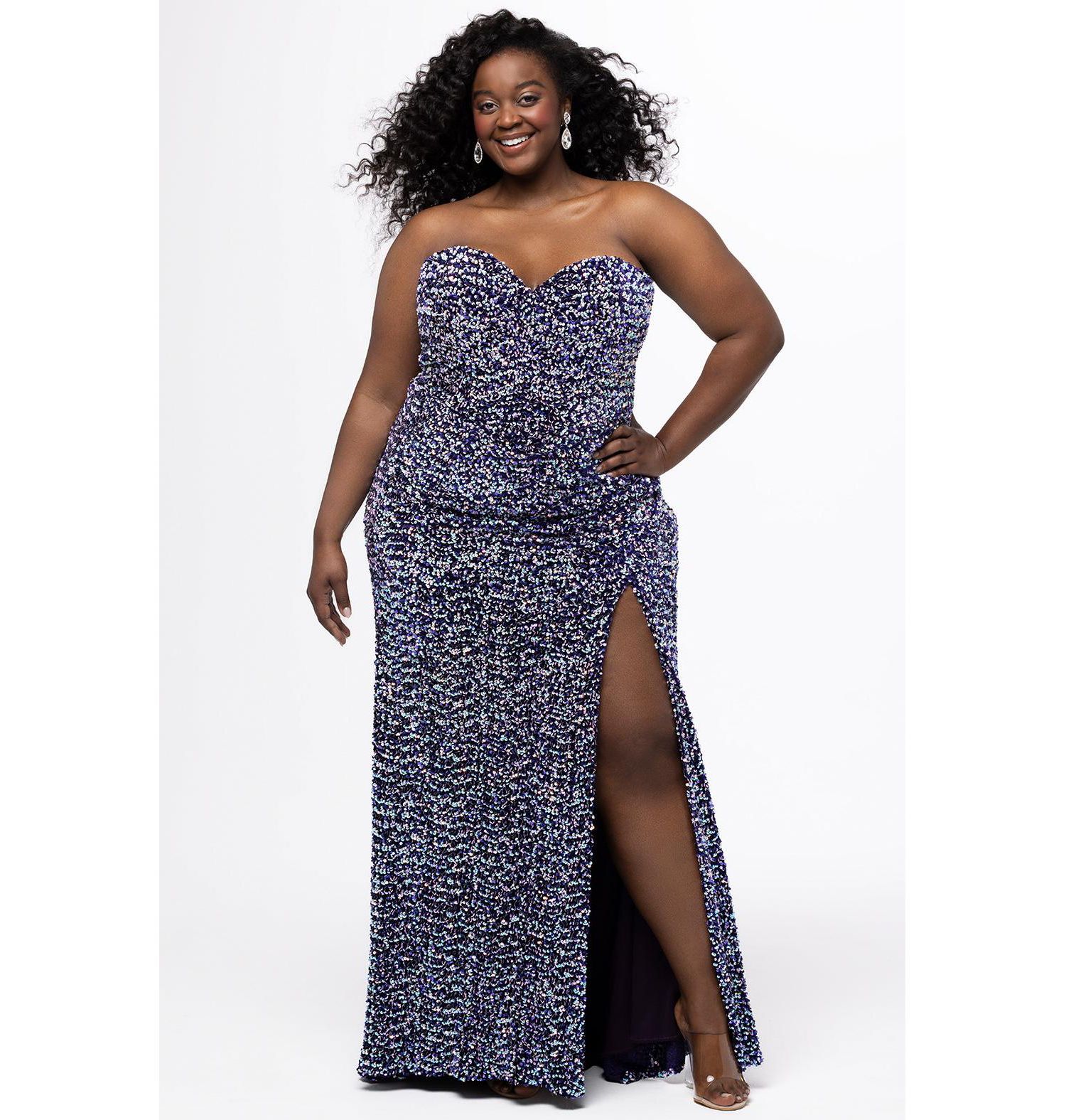 Women's Strapless Purple Multi Sequin Velvet Fitted Formal Dress with Slit