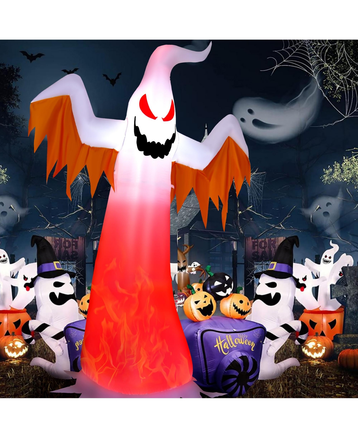 8 Ft Halloween Inflatable White Ghost with Rotatable Flame Led Lights