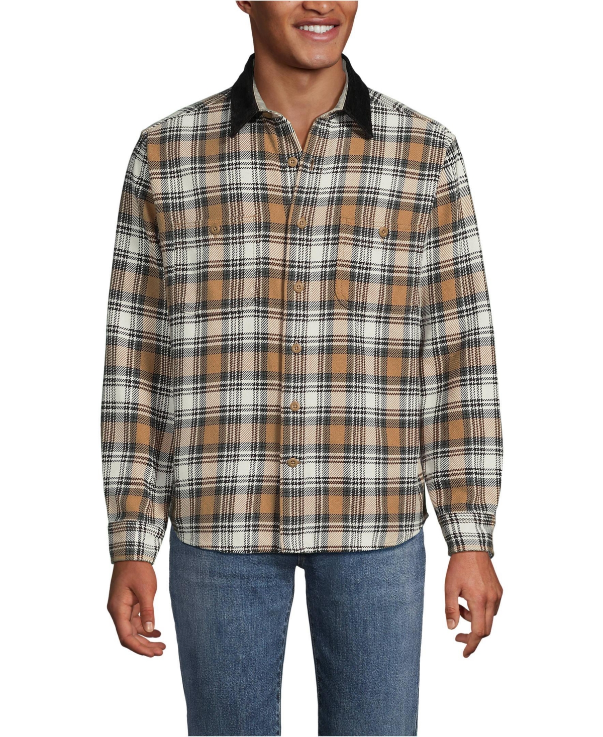 Lands' End Men's Authentic Flannel Shirt with Corduroy Collar