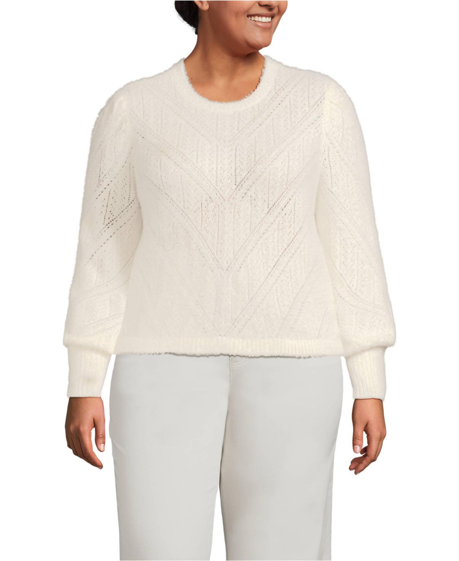 Plus Size Eyelash Fuzzy Pointelle Puff Sleeve Sweater