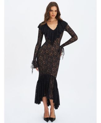 Women's Parisa Black Lace Ruffled Mermaid Maxi Dress
