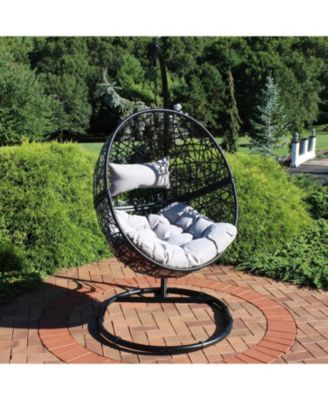 Outdoor Resin Wicker Jackson Hanging Basket Egg Chair Swing with Cushions, Headrest, and Steel Stand Set - 3pc