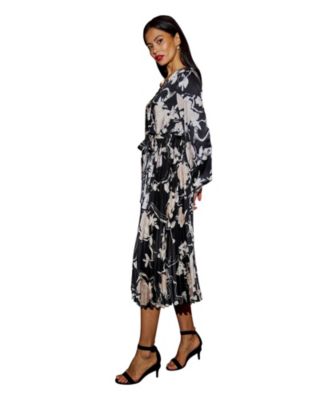 Women's Floral Satin Long Sleeve Midi Dress
