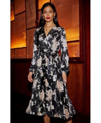 Women's Floral Satin Long Sleeve Midi Dress