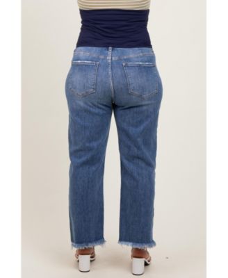Maternity Blue Distressed Open Knee Relaxed Straight Leg Maternity Plus Jeans