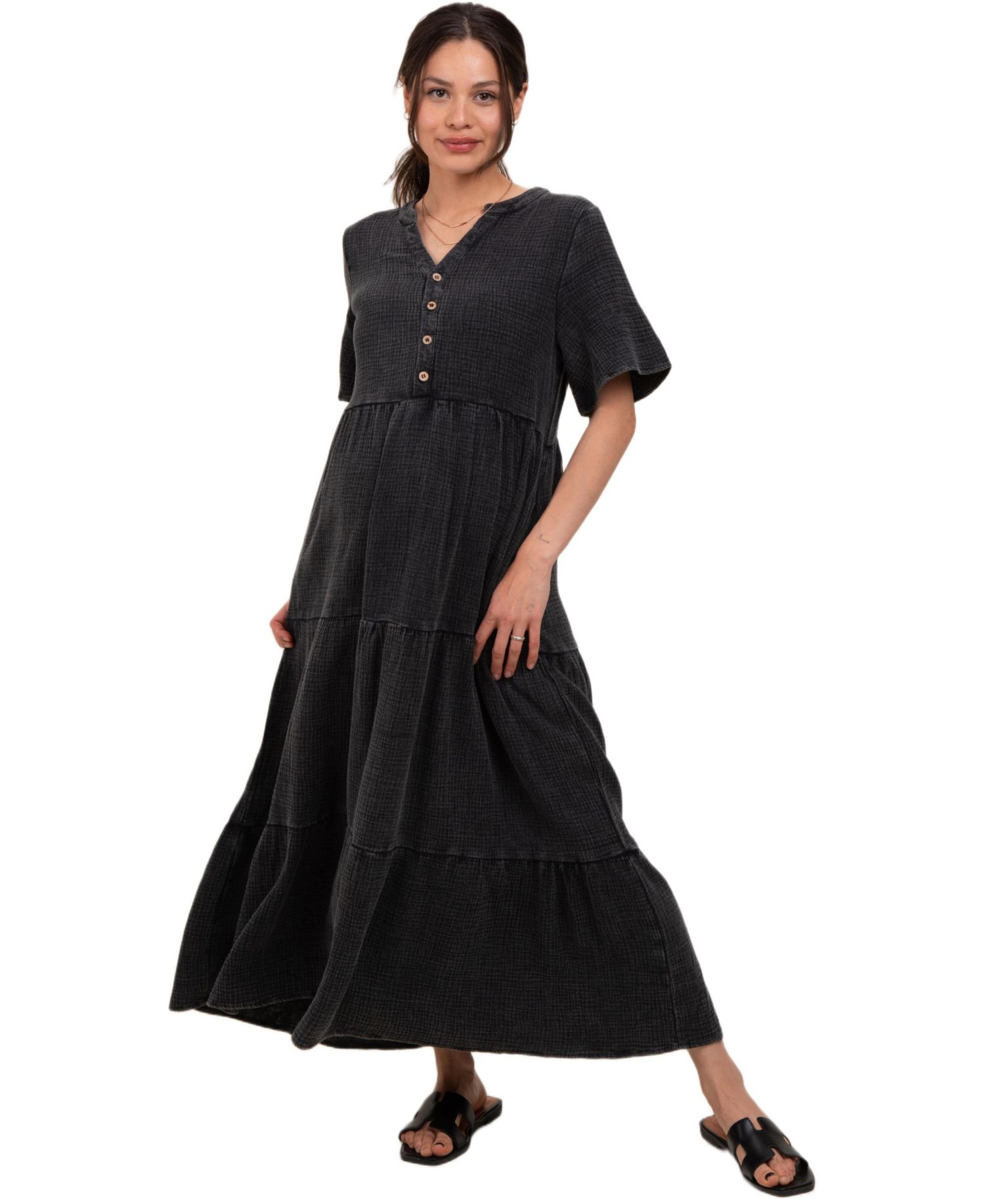 Women's Black Button Front Tiered Maxi Dress