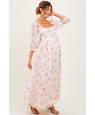 Maternity Light Pink Floral Chiffon Long Sleeve Maxi Dress