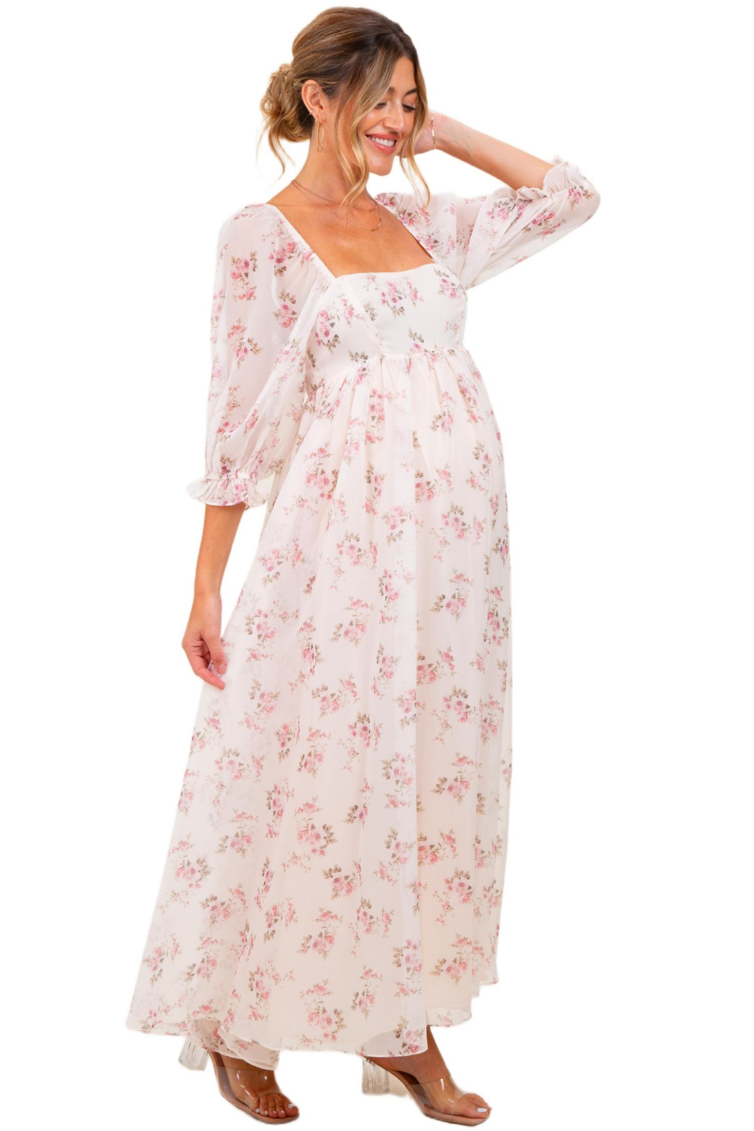 Women's Light Pink Floral Chiffon Long Sleeve Maxi Dress