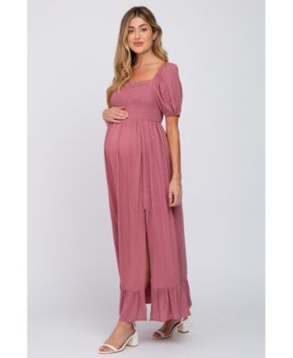 Maternity Mauve Swiss Dot Square Neck Smocked Maxi Dress
