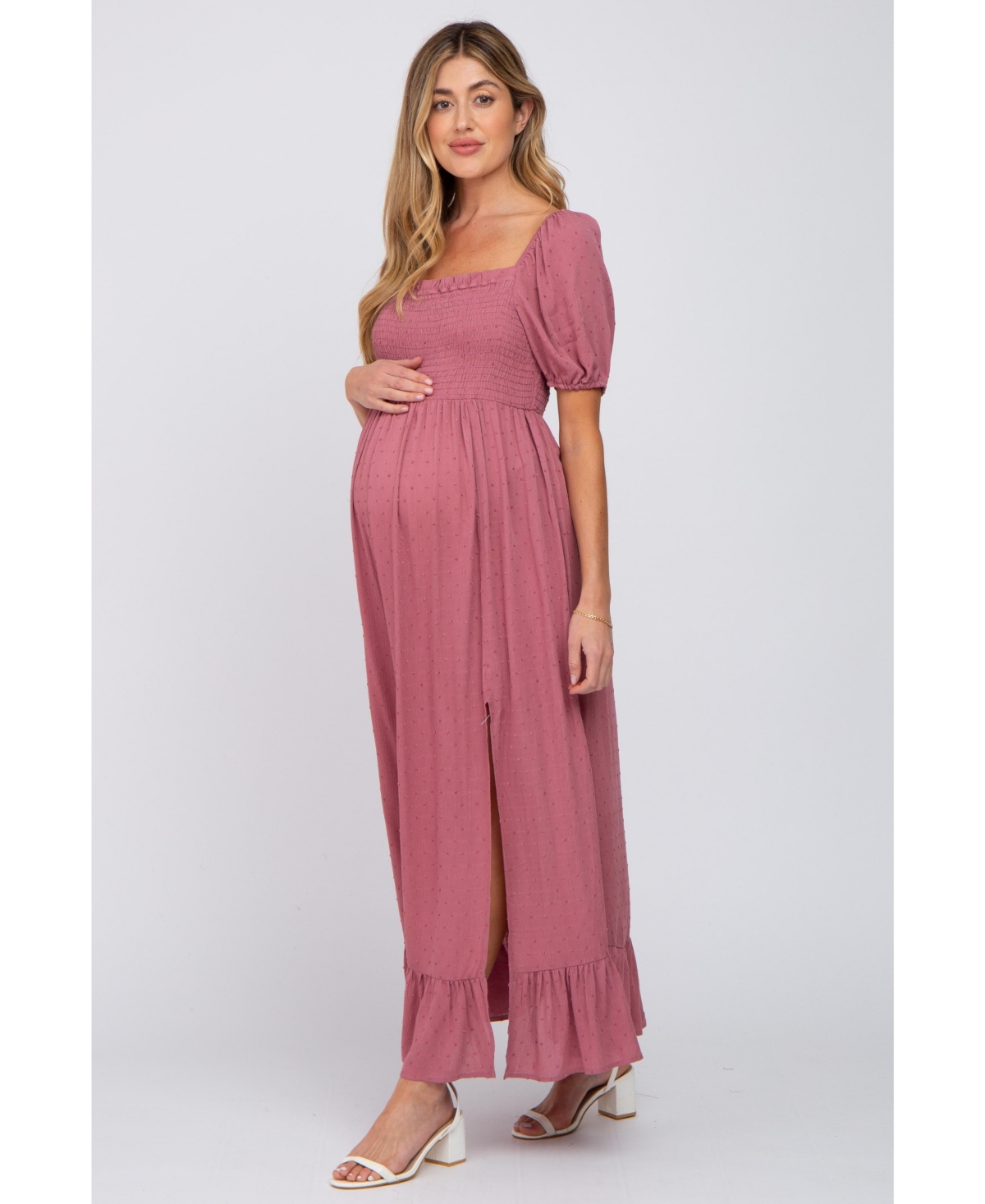 Pinkblush Maternity Mauve Swiss Dot Square Neck Smocked Maxi Dress
