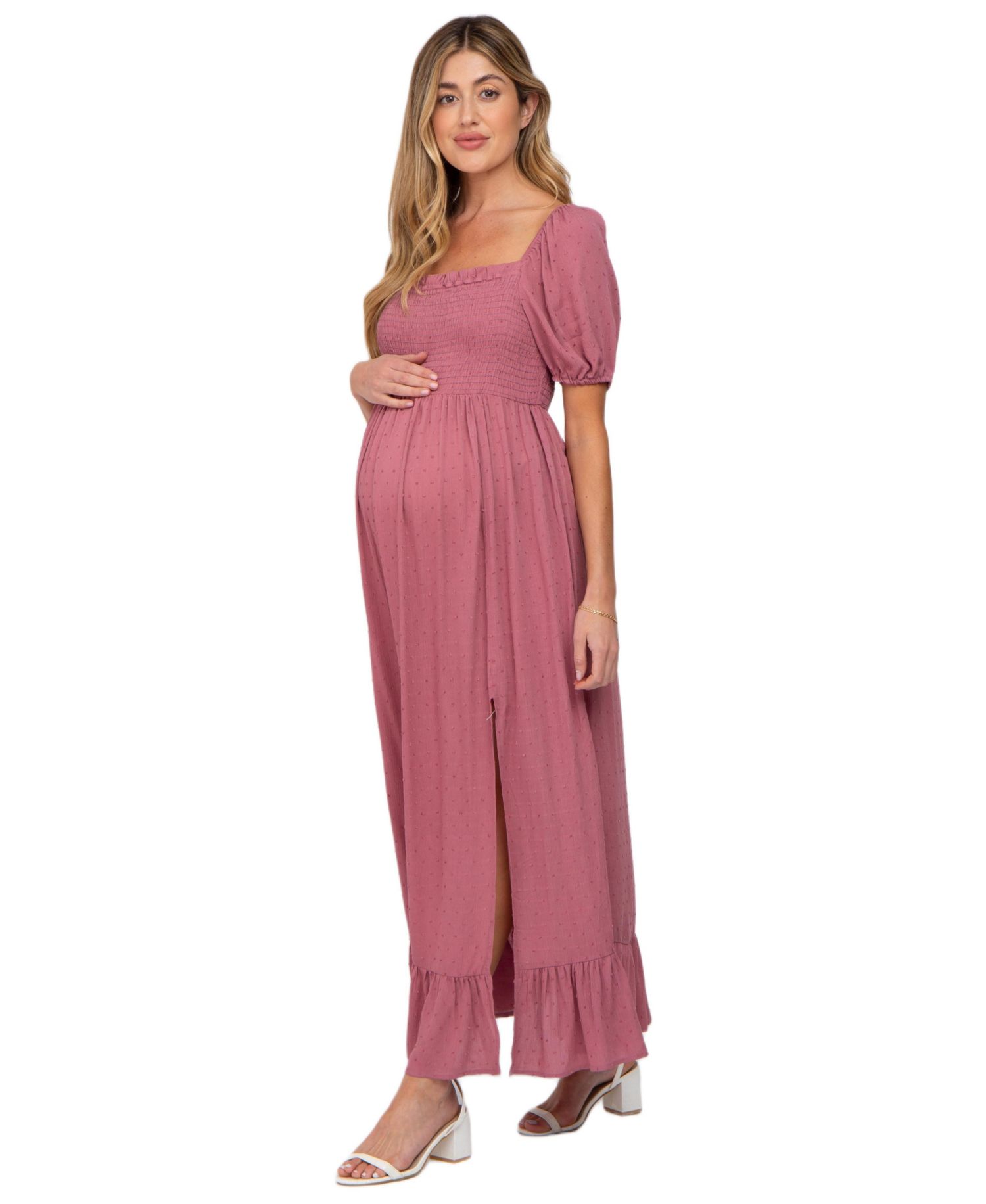 Women's Mauve Swiss Dot Square Neck Smocked Maxi Dress