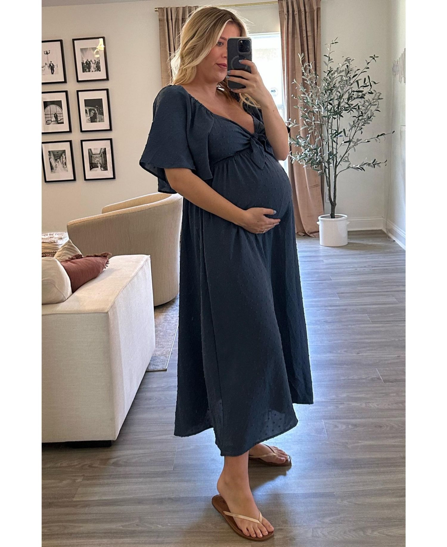 Women's Navy Blue Textured Dot Front Tie Ruffle Sleeve Midi Dress