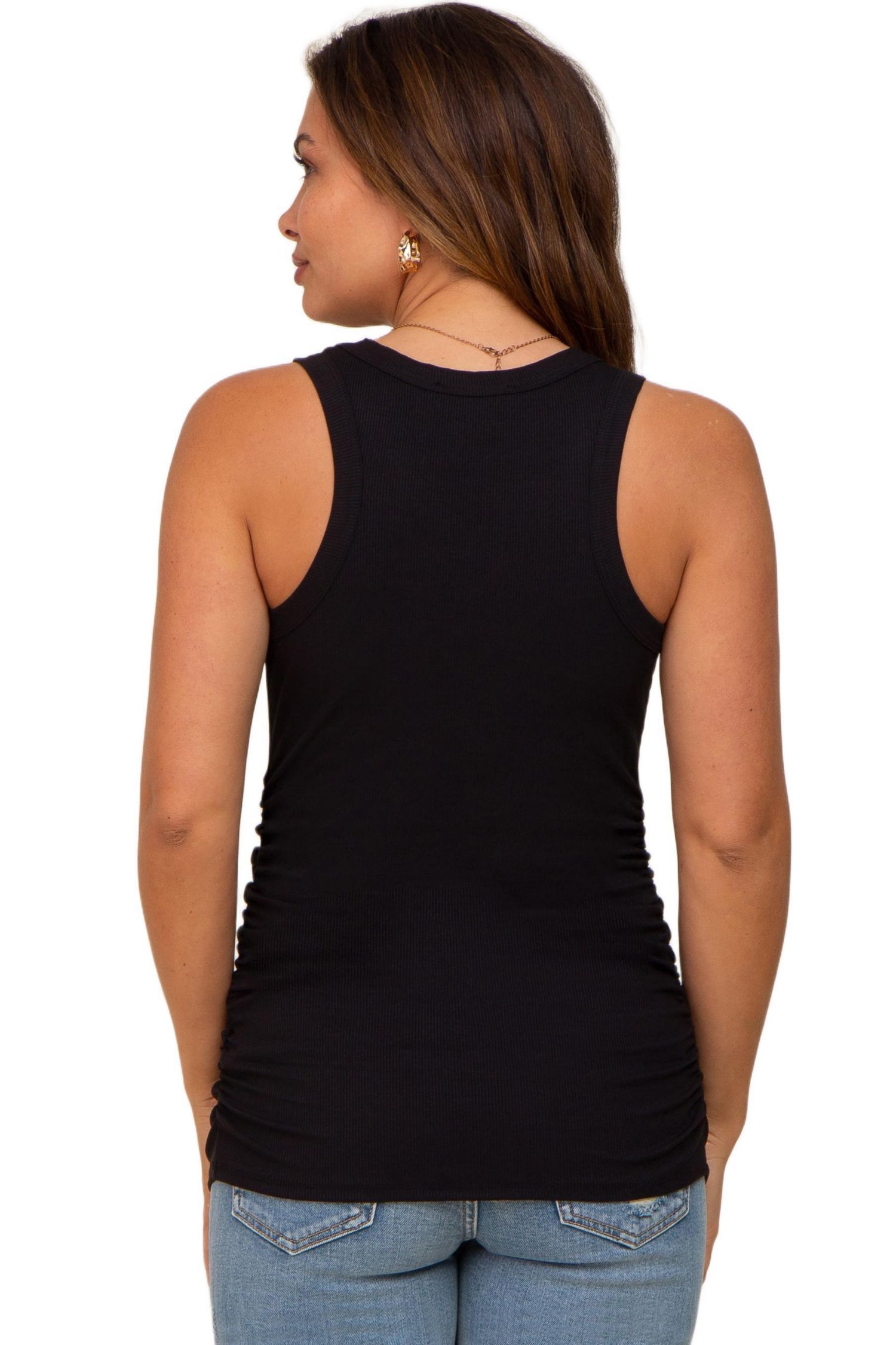 Women's Charcoal Ribbed Sleeveless Ruched Tank Top
