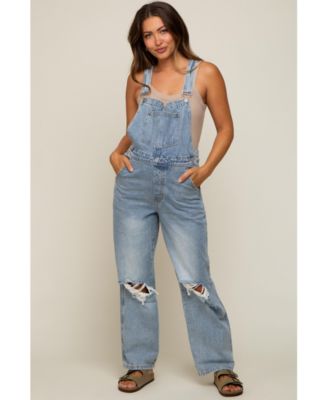 Maternity Light Wash Distressed Overalls