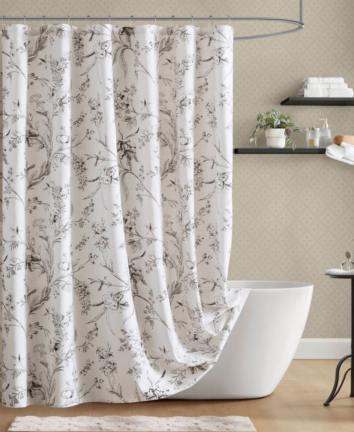Laura Ashley Branch Toile Vintage Floral Shower Curtain, 72" X 84" In White