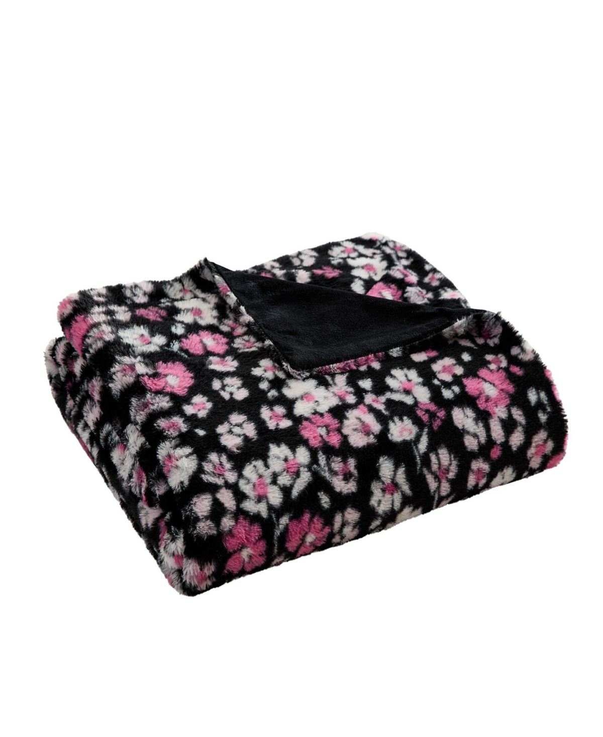 Betsey Johnson Printed Faux Rabbit Fur Blanket, 70" X 50" In Black