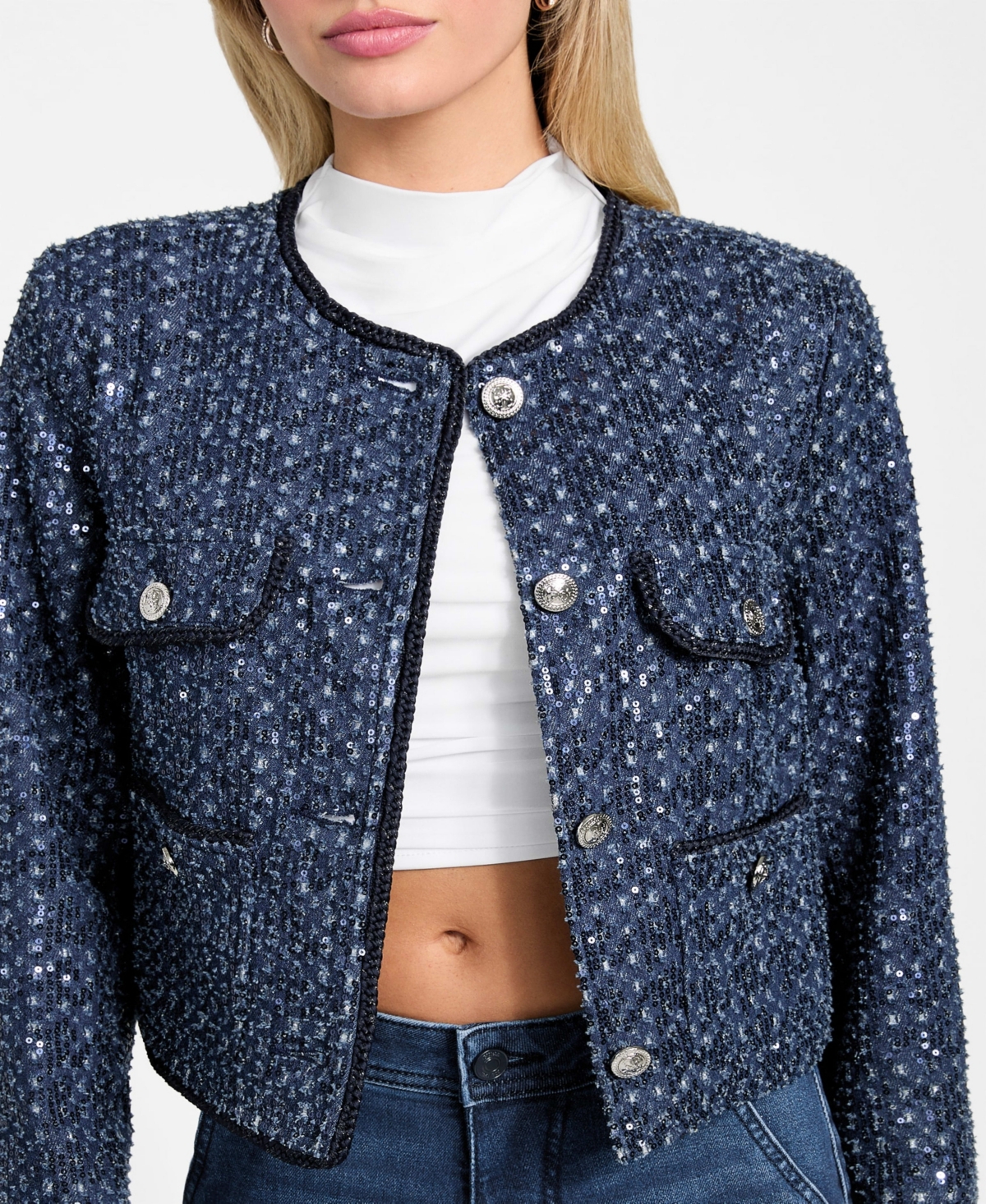 Guess Elisa Sequin Crop Jacket In Blue