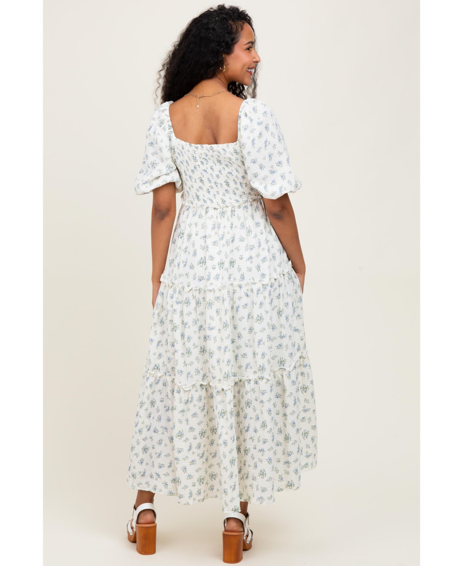 Women's Blue Floral Smocked Ruffle Tiered Maxi Dress