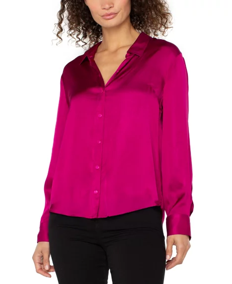 Petite Long Sleeve Button Front Woven Shirt - Fuchsia Kiss