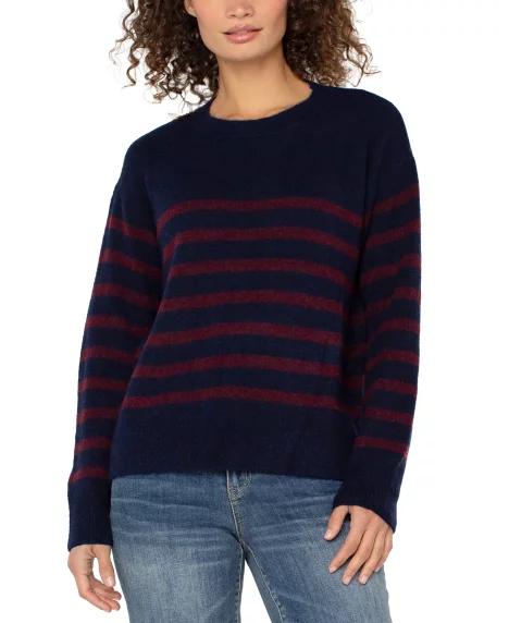 Petite Long Sleeve Crew Neck Sweater - Burgundy Navy Stripe