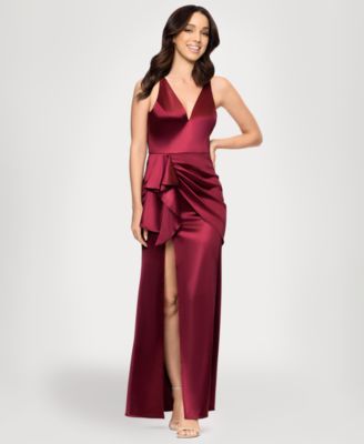 Juniors' Draped Satin Column Gown