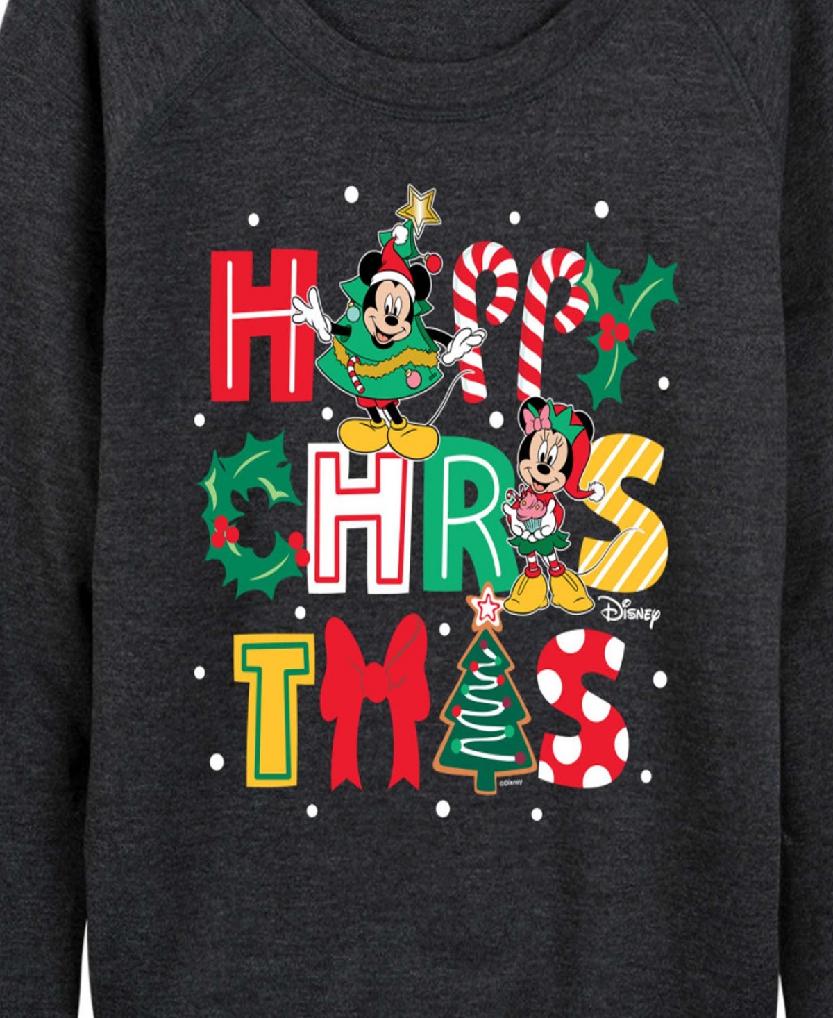 Hybrid Apparel Disney Mickey And Minnie Happy Christmas Women's French Terry Long Sleeve Shirt In Black