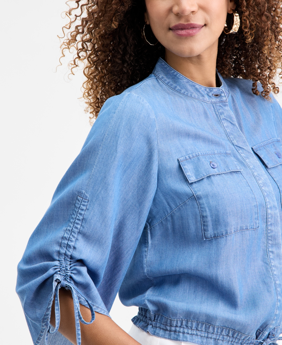 I.n.c. International Concepts Women's Chambray Tie-Sleeve Pocket Blouse, Macy's Exclusive