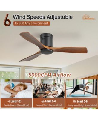 52-inch Modern Black 3 Solid Wood Blade Ceiling Fan with 6-speed Remote Control and Forward Reverse Rotation Function for Indoor