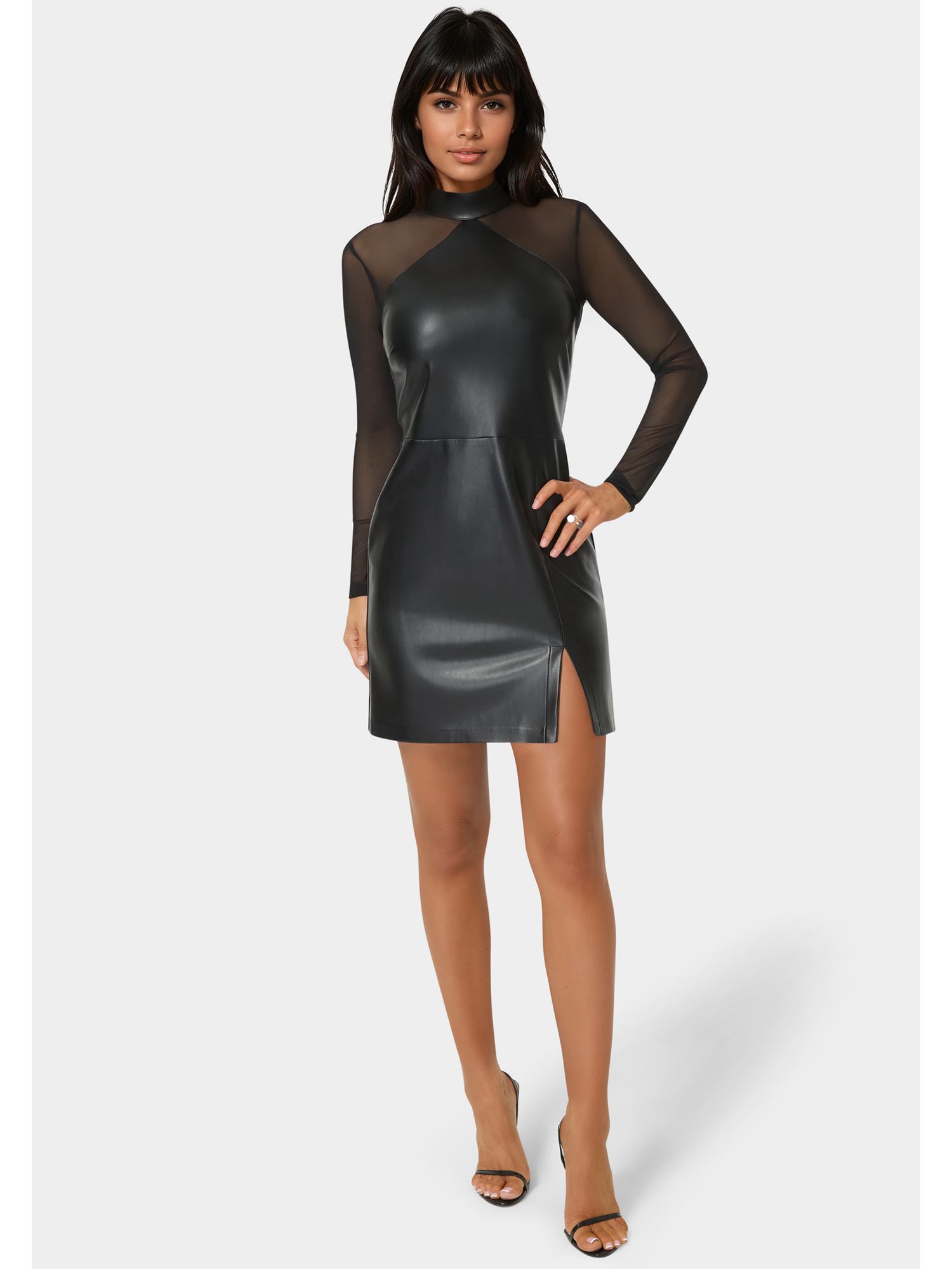 Womens Faux Leather and Mesh Mock Neck Mini Dress