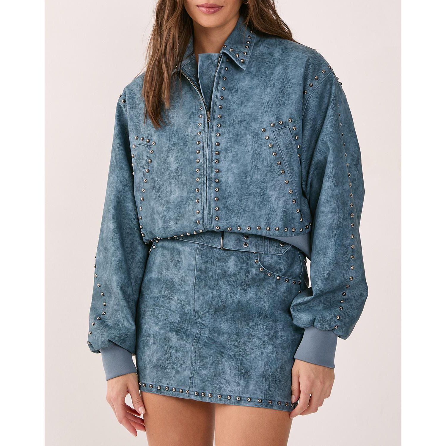 Women's Leather Studded Bomber Jacket