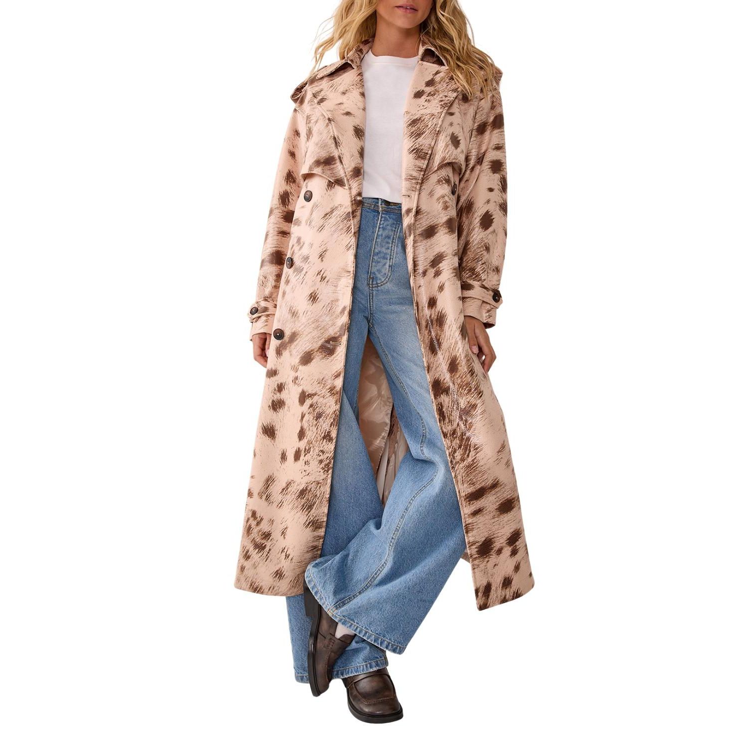 Women's Cow Print Faux Leather Trench Coat