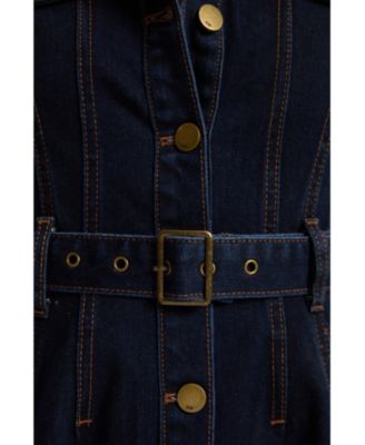 Women's Button Up Belted Denim Midi Dress