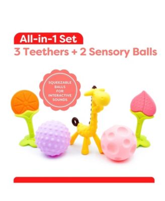 Baby Silicone Teething Toys 5 Pack, Sensory Balls & Teethers 0-12 Months, BPA Free Freezer Safe Soft Teether Toys, Soothe Gums