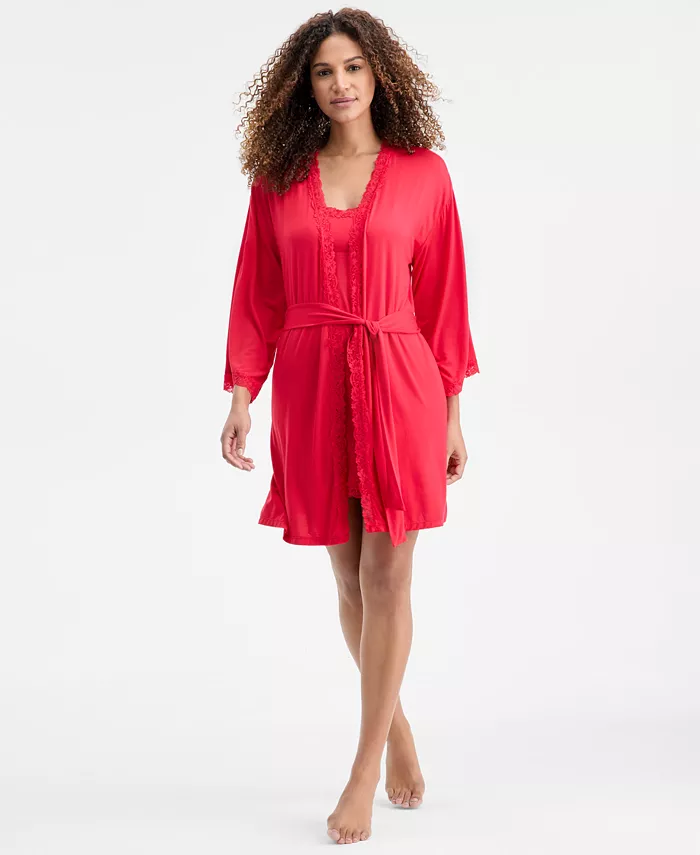 Women's Lace-Trim Knit Wrap Robe - thumbnail 2