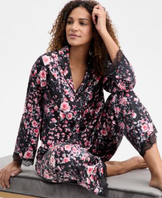 Women's Long-Sleeve Lace Trim Boxy Satin Notch Set