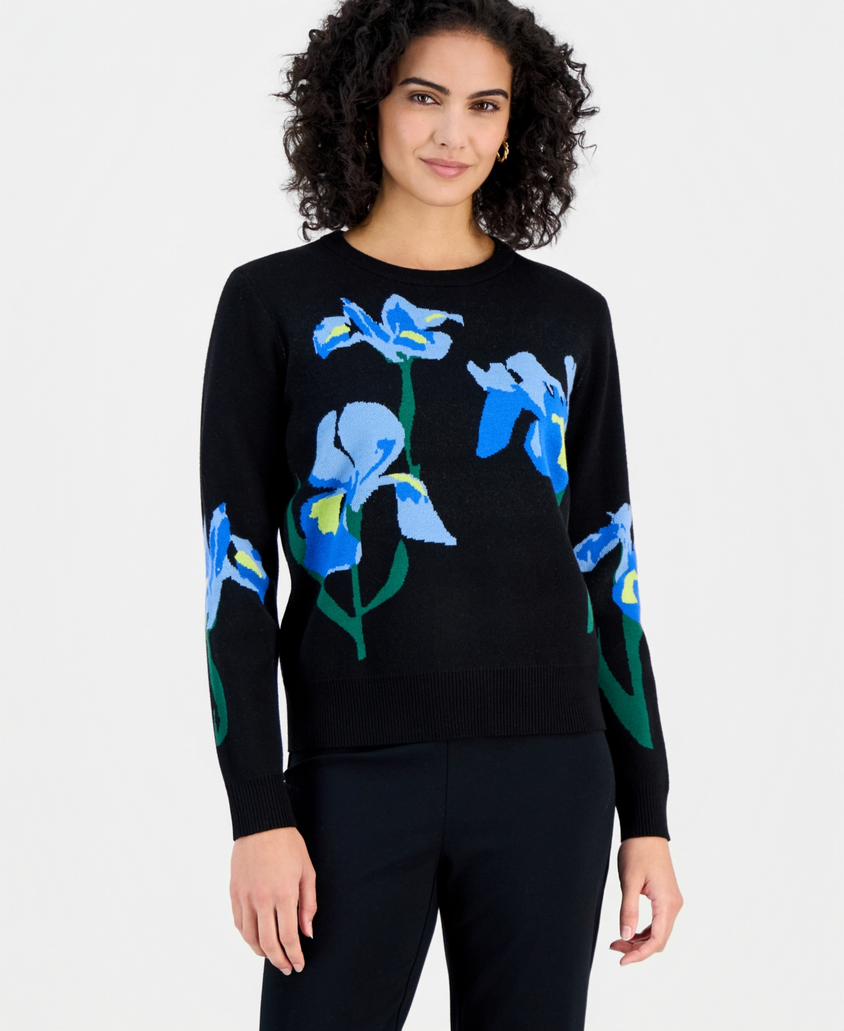 T Tahari Women's Flower Jacquard Crewneck Sweater