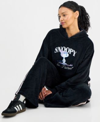 Love Tribe Juniors Snoopy Plush Hoodie Lace Trim Lounge Pants In Black