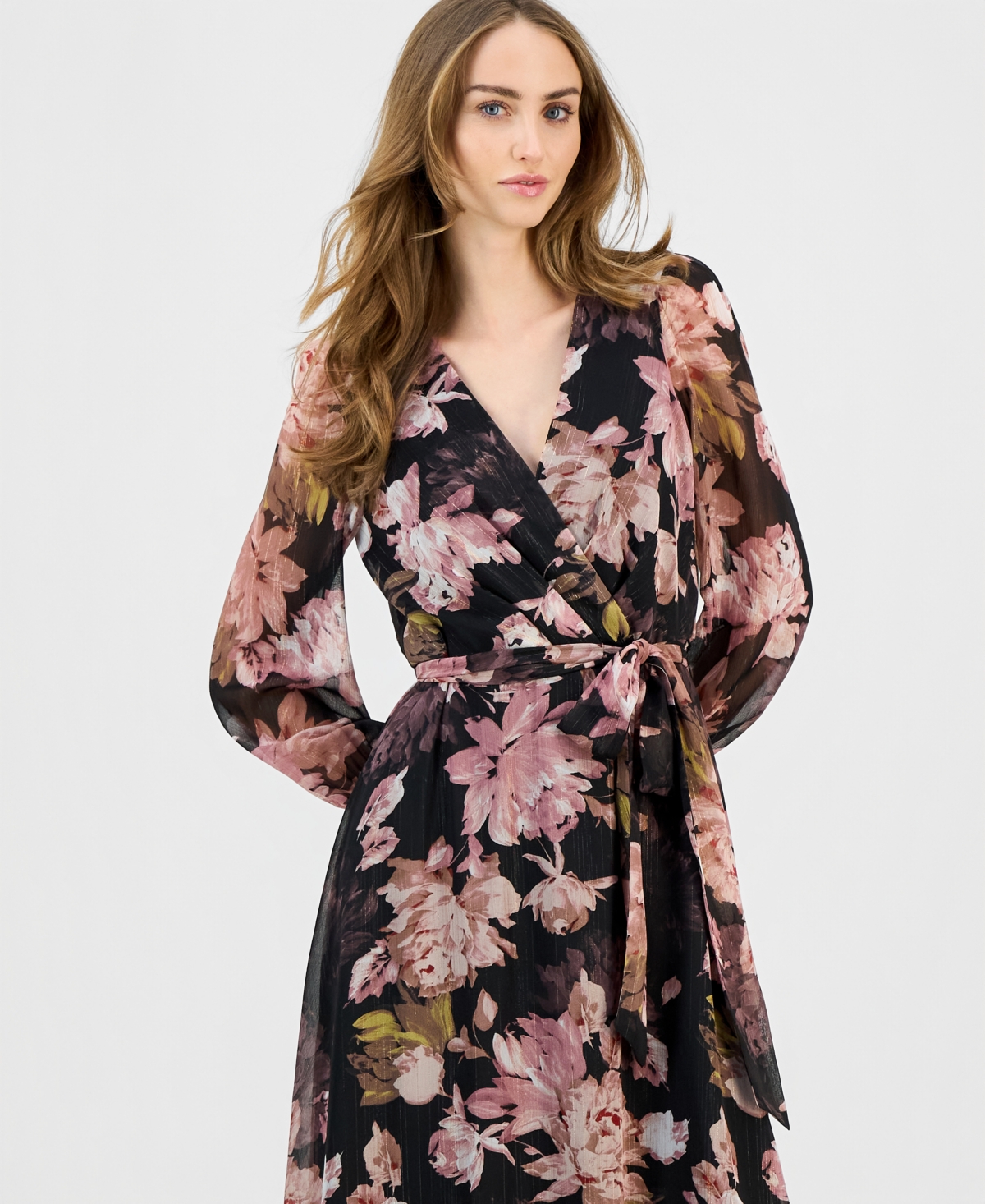 Anne Klein Women's V-Neck Belted Long-Sleeve Maxi Dress