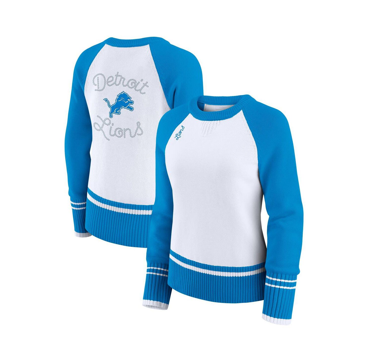 Women's White/Blue Detroit Lions Color Block Raglan Sweater