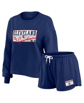 WEAR by Erin Andrews - Women's 2-Piece Navy Cleveland Guardians Heavy Rugby Jersey Long Sleeve T-Shirt and Shorts Lounge Set