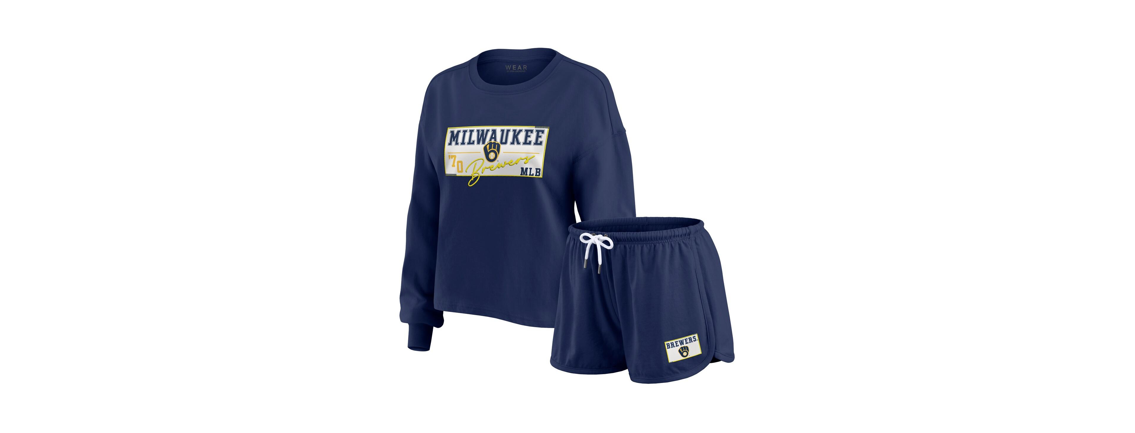 Wear by Erin Andrews Women's 2-Piece Navy Milwaukee Brewers Heavy Rugby Jersey Long Sleeve T-Shirt and Shorts Lounge Set